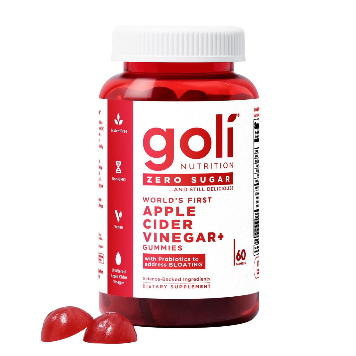 Goli Zero Sugar ACV Gummies bottle front highlighting vegan formula.