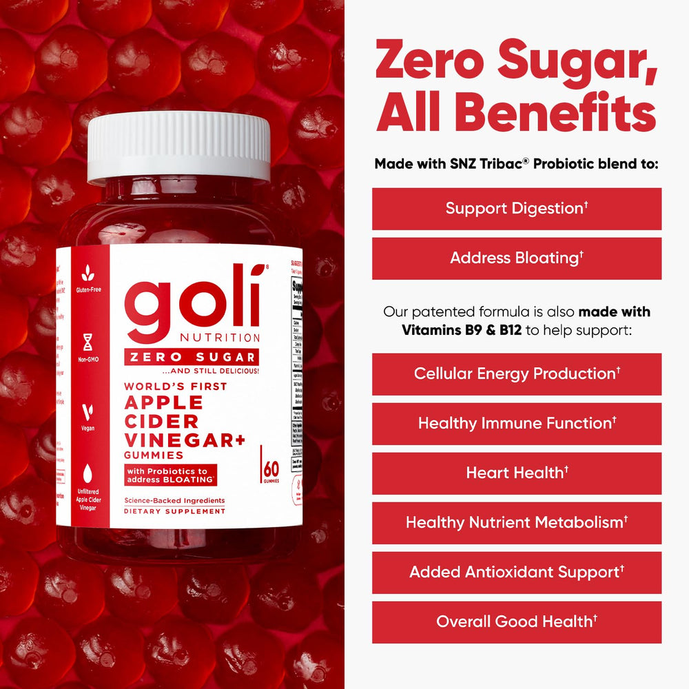 Goli Zero Sugar ACV Gummies bottle label view shows sugar-free probiotic blend.