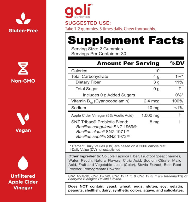 Goli ingredient label closeup showing probiotics, B12, and ACV