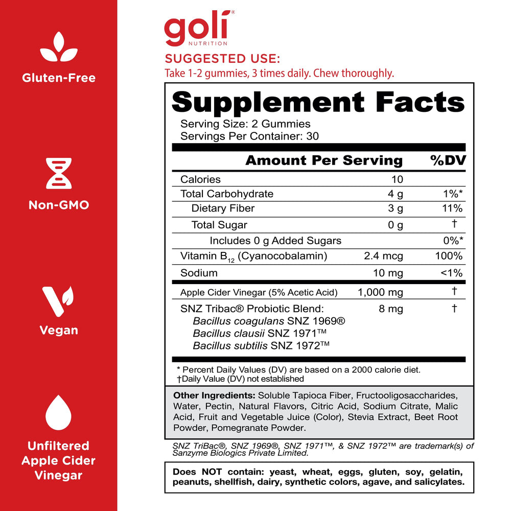 Goli Zero Sugar Gummies vegan and gluten-free ingredients listed.