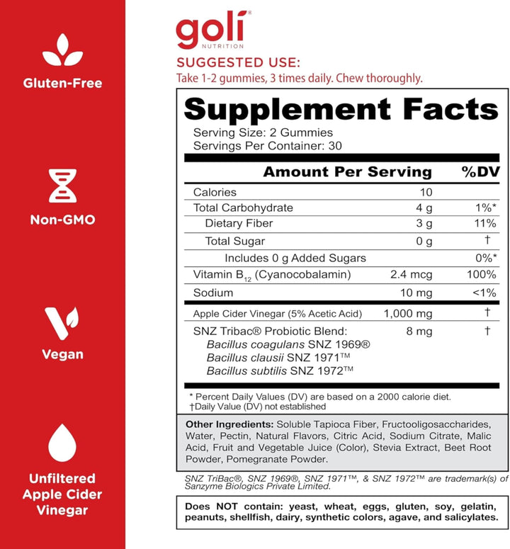Goli nutrition label close-up displaying B12 and probiotic ingredients