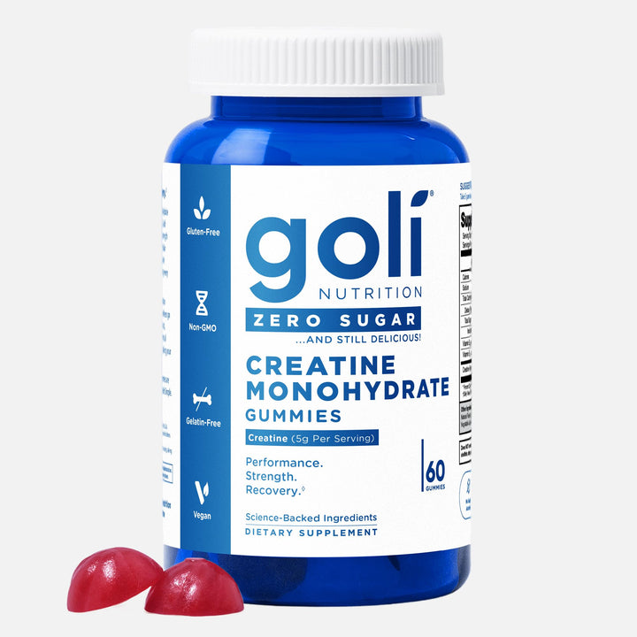 Goli Zero Sugar Creatine Gummies bottle offers vegan, gluten-free convenience for daily workouts