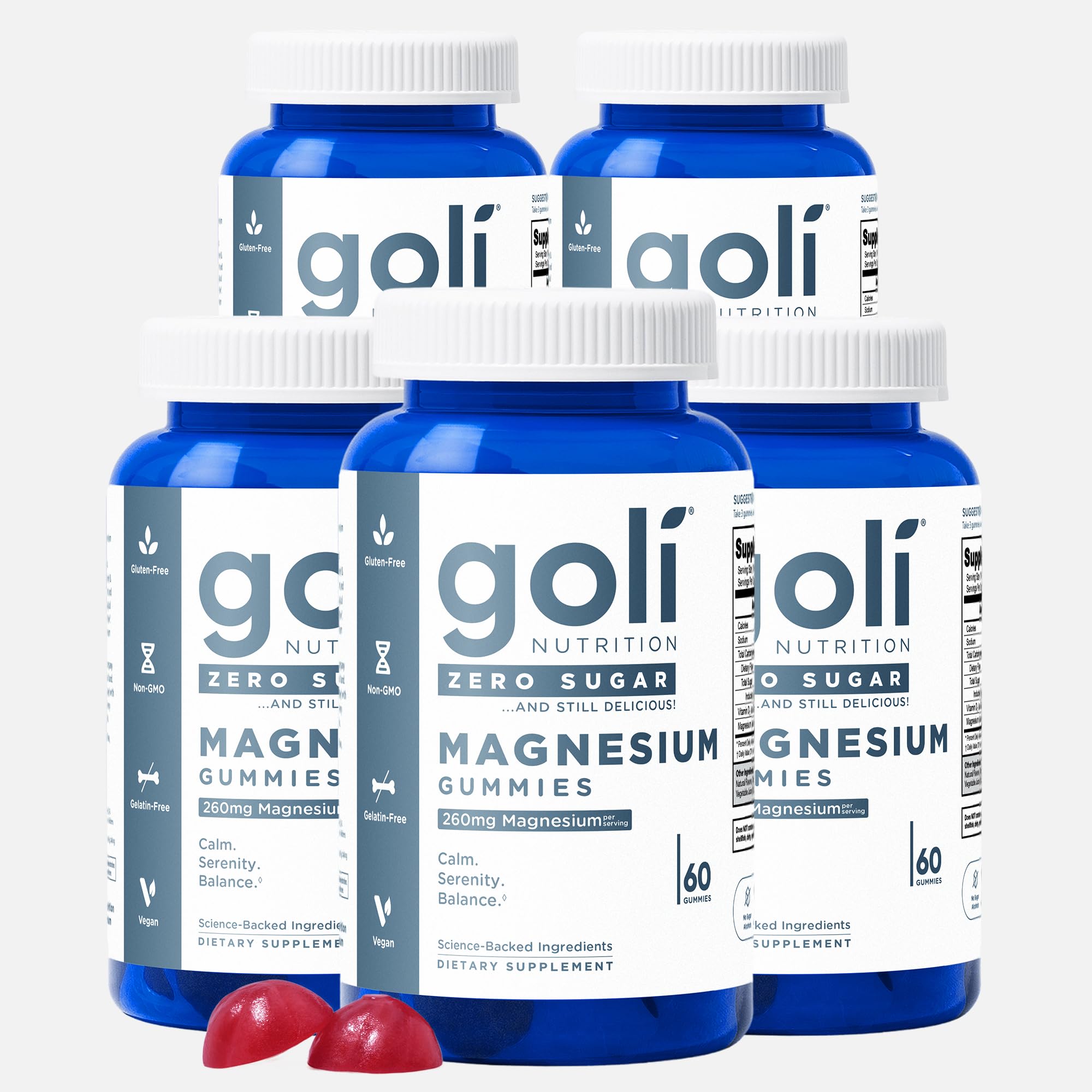 Goli Zero Sugar Magnesium Gummies bottle showing 260 mg magnesium citrate plus vitamin D for muscle support.