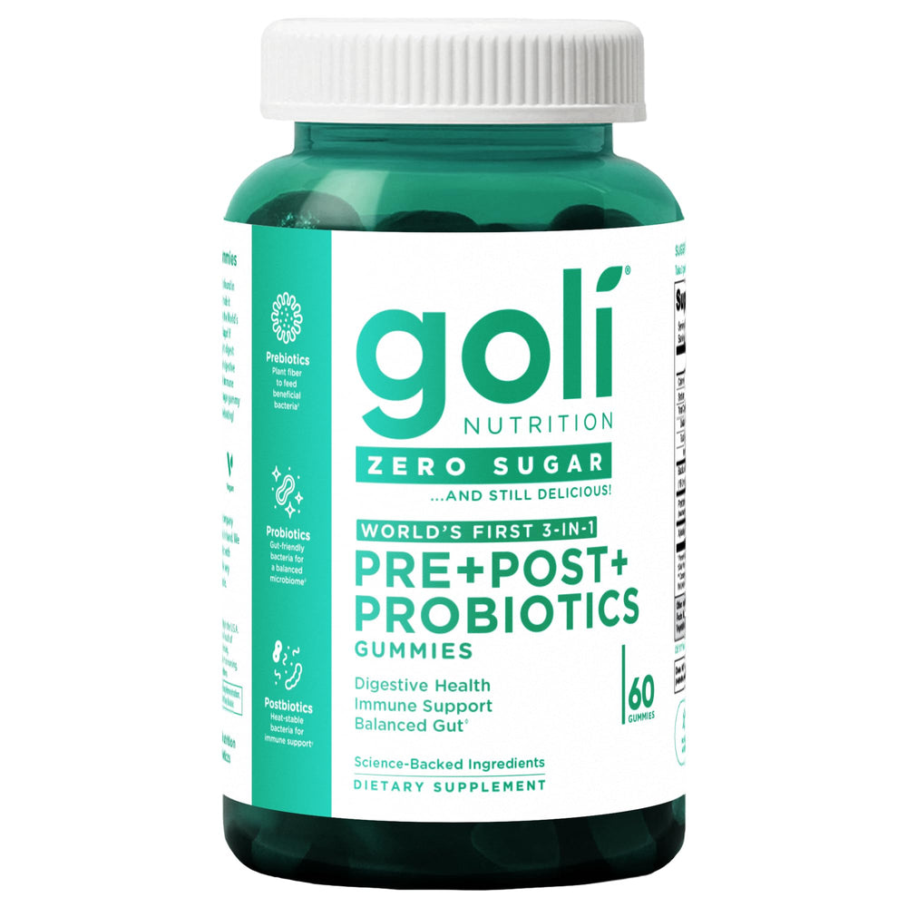 Goli Zero Sugar Pre Pro Postbiotic Gummies bottle showing convenient daily gut support.