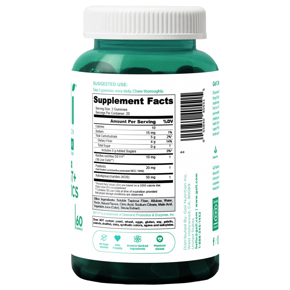 Goli Zero Sugar Pre Pro Postbiotic Gummies close-up highlighting natural flavor and sugar-free formula for keto-friendly snacking.