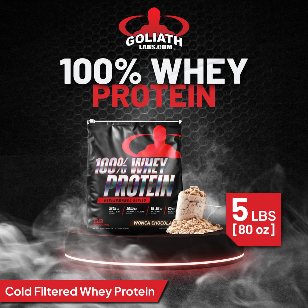 Goliath Labs 100% Whey scoop-dispense demonstrates easy measurement for quick shakes