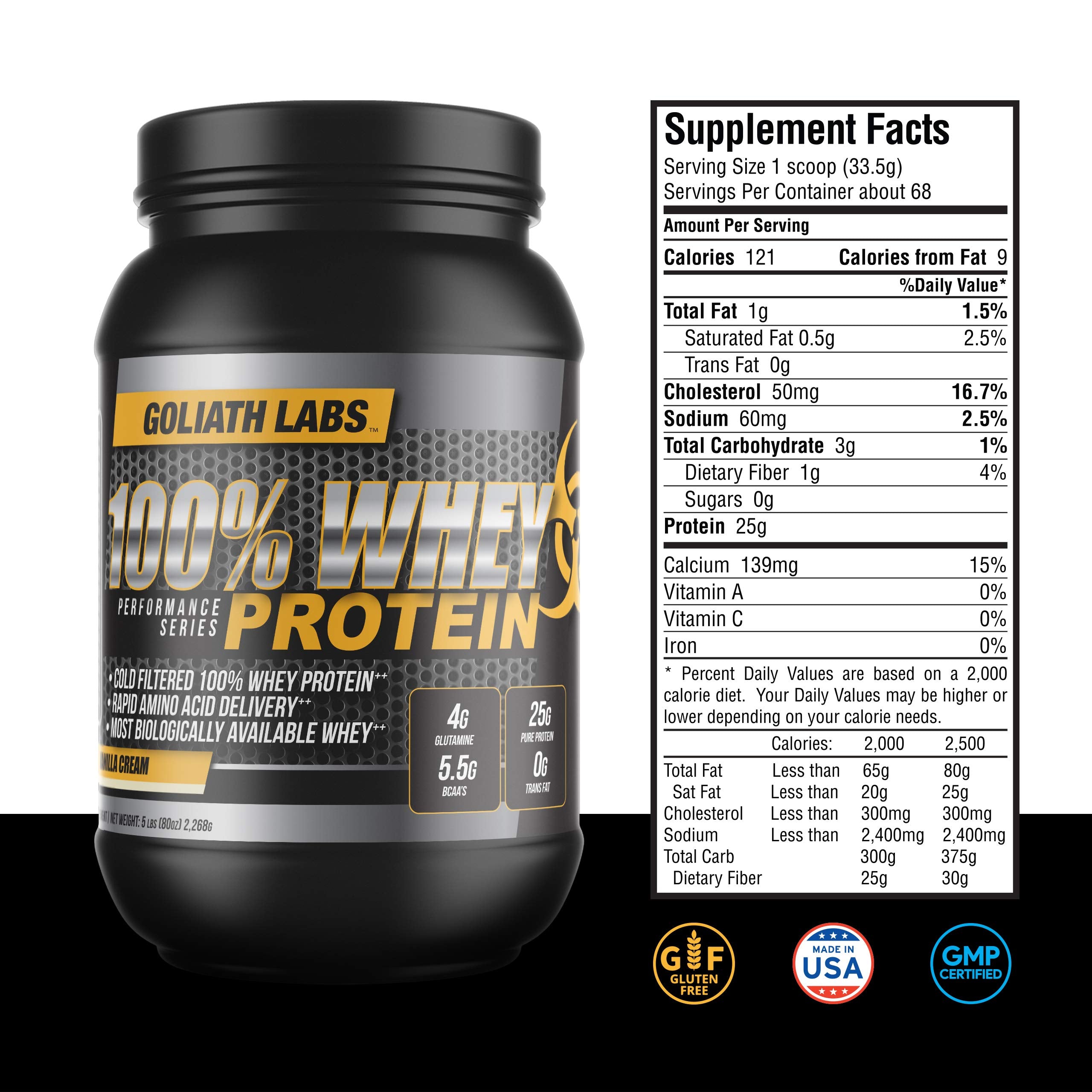 Goliath Labs whey strawberry powder scoop shows easy measurement for quick shakes