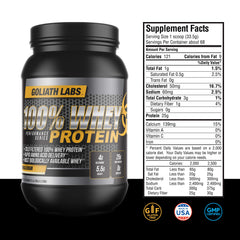 Goliath Labs whey strawberry powder scoop shows easy measurement for quick shakes