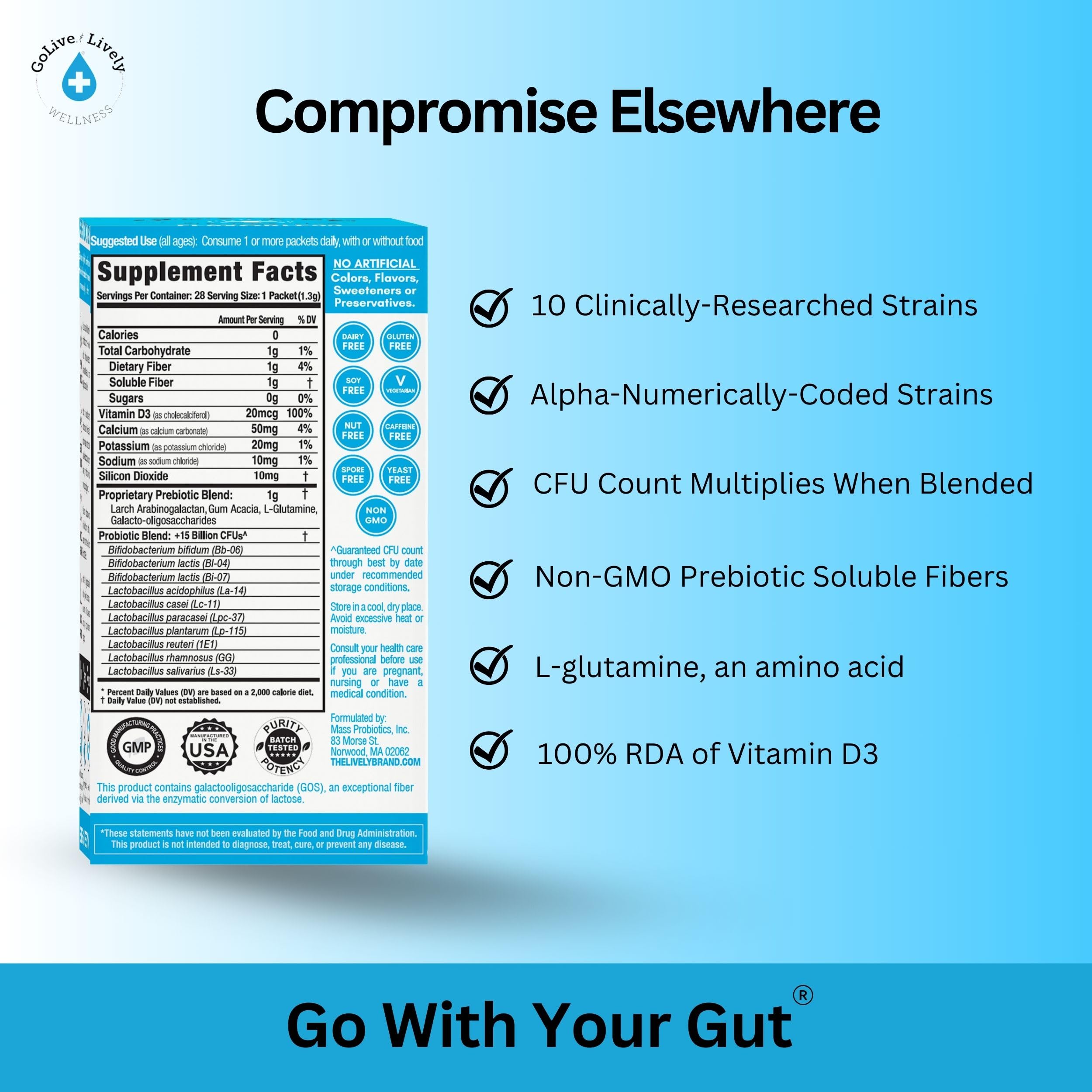 GoLive probiotic powder packet offers convenient single-serving for daily gut support.