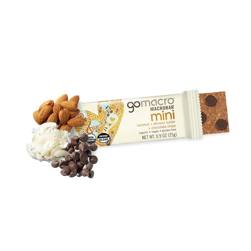 GoMacro MacroBar Mini ingredients highlight organic coconut and almond butter for clean snacking.