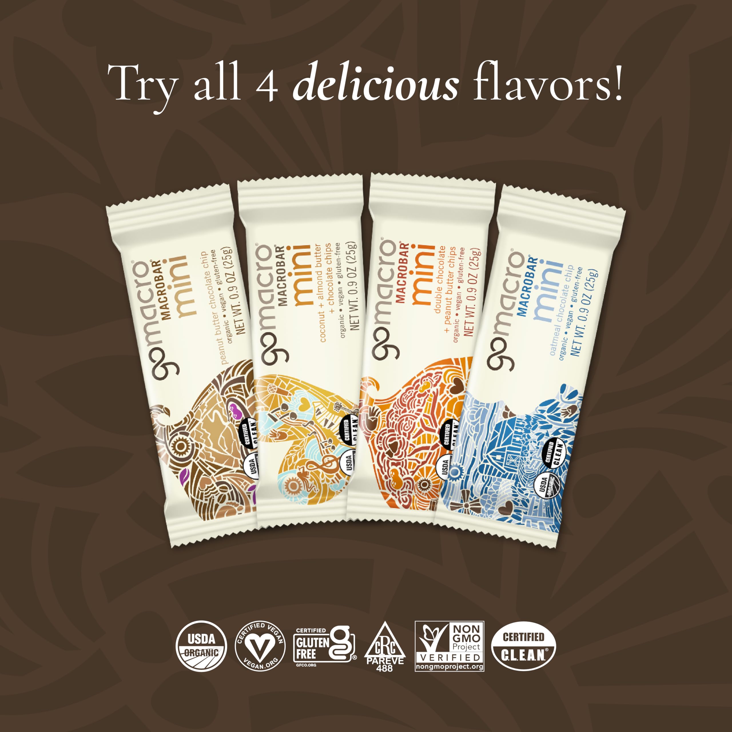 GoMacro MacroBar Mini display showcases ready-to-eat vegan snack options for busy days.