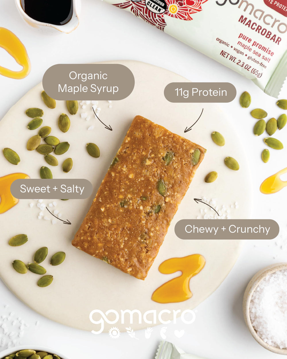 GoMacro Maple Sea Salt MacroBar serving scene suggests a satisfying morning boost