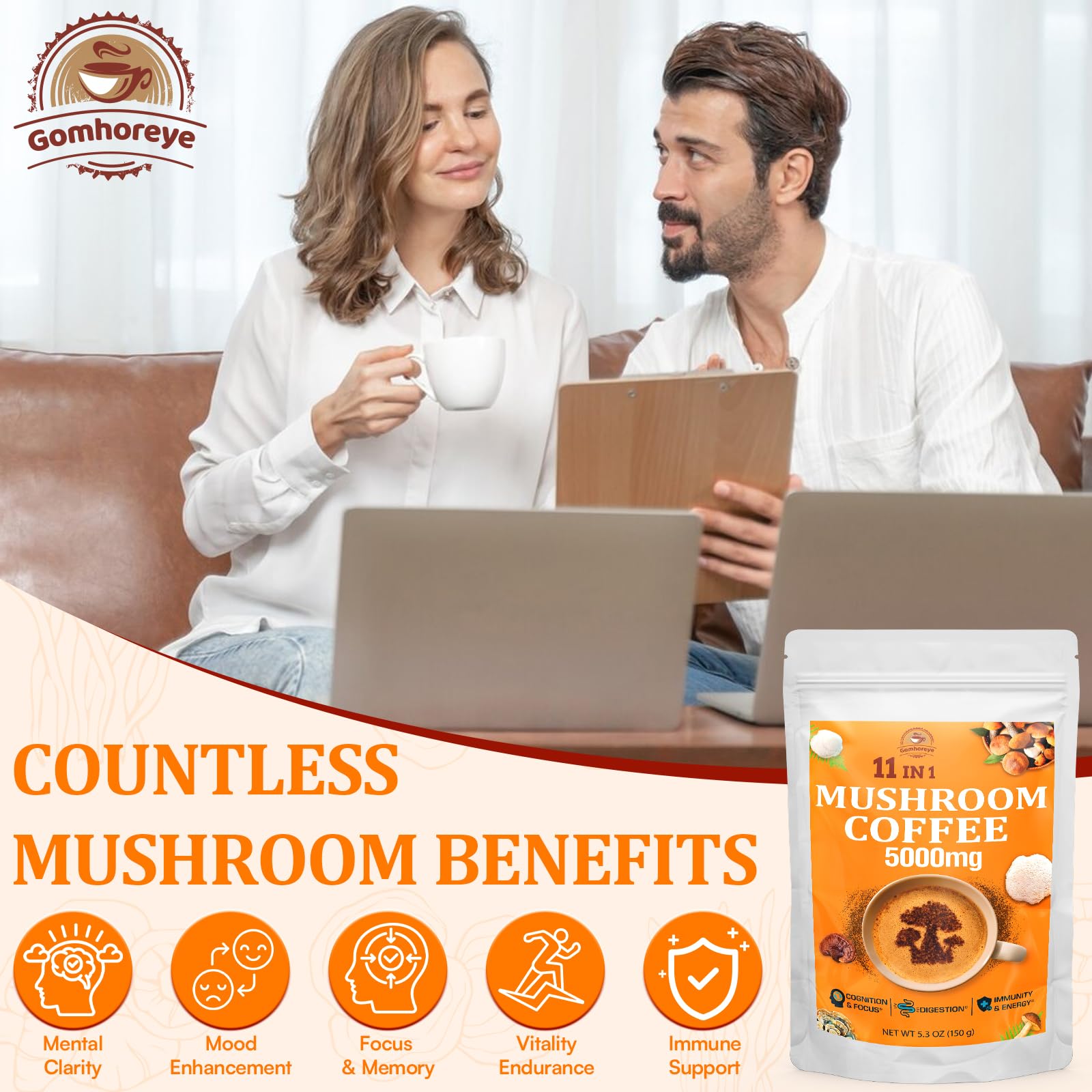 Gomhoreye Mushroom Coffee dry blend with scoop hints at convenience.