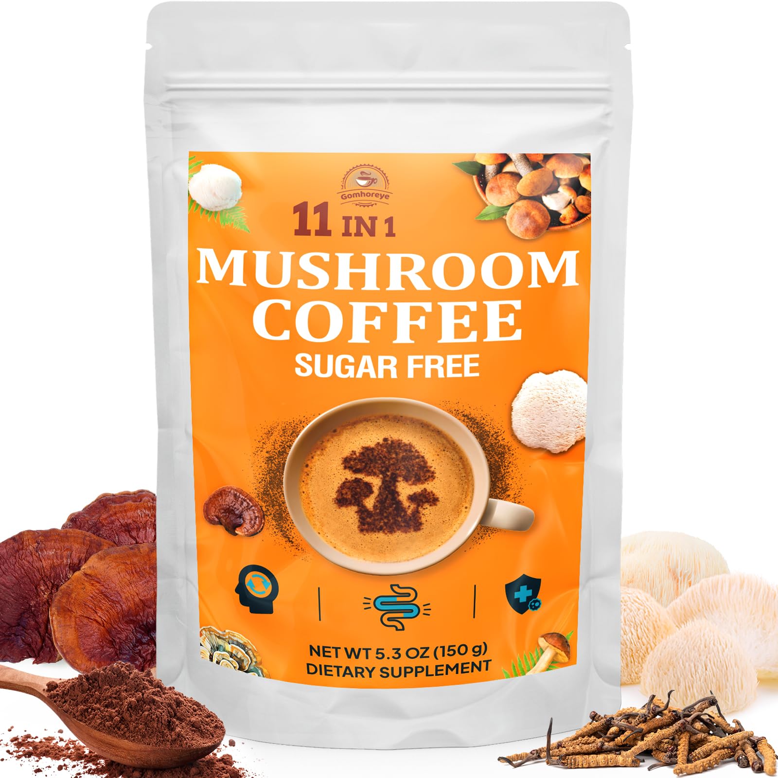 Gomhoreye Mushroom Coffee packaging shows 11-mushroom blend for steady energy.