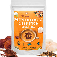 Gomhoreye Mushroom Coffee packaging shows 11-mushroom blend for steady energy.
