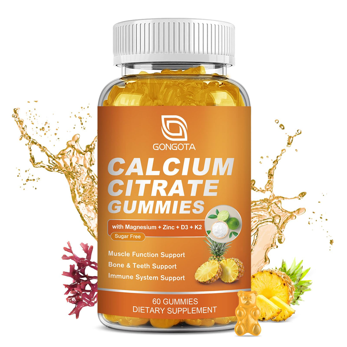 GONGOTA Calcium Citrate Gummies bottle with pineapple flavor supports daily bone health
