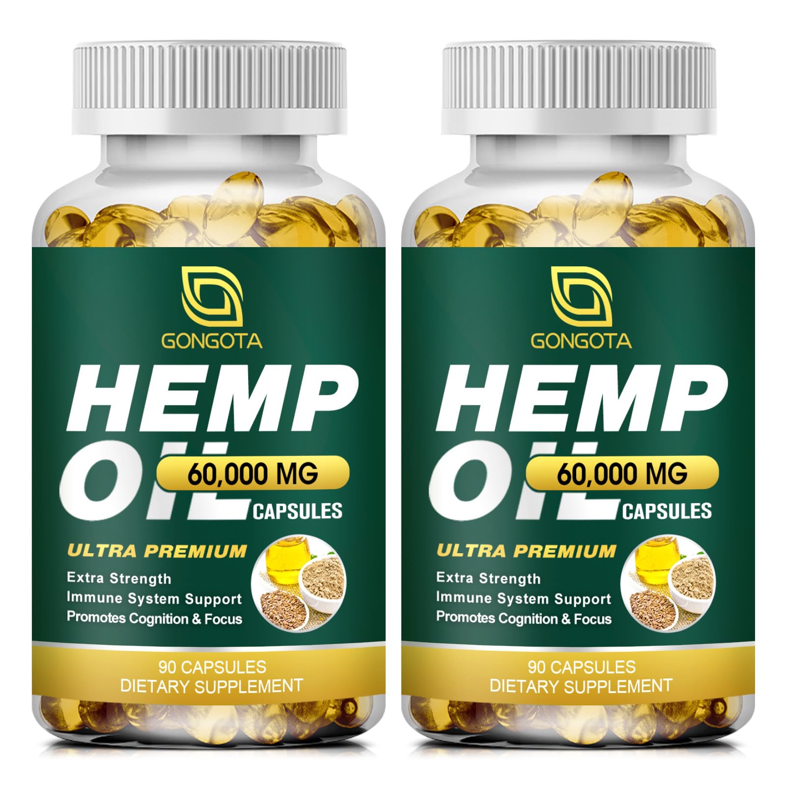 GONGOTA hemp oil capsules bottle close-up showing pure organic oil, supporting wellness.