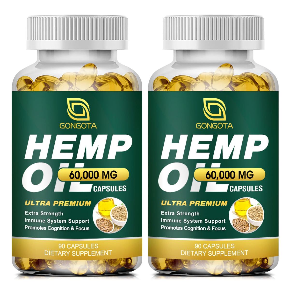GONGOTA hemp oil capsules bottle close-up showing pure organic oil, supporting wellness.