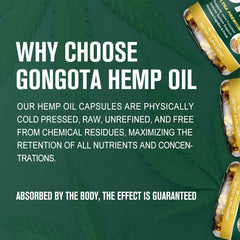 GONGOTA hemp oil capsules packaging highlighting vegan-friendly and gluten-free diets.