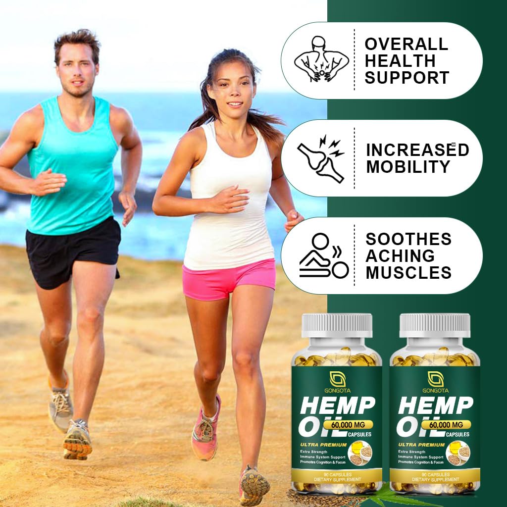 GONGOTA hemp oil capsules bottle with glass of water, easy daily intake.