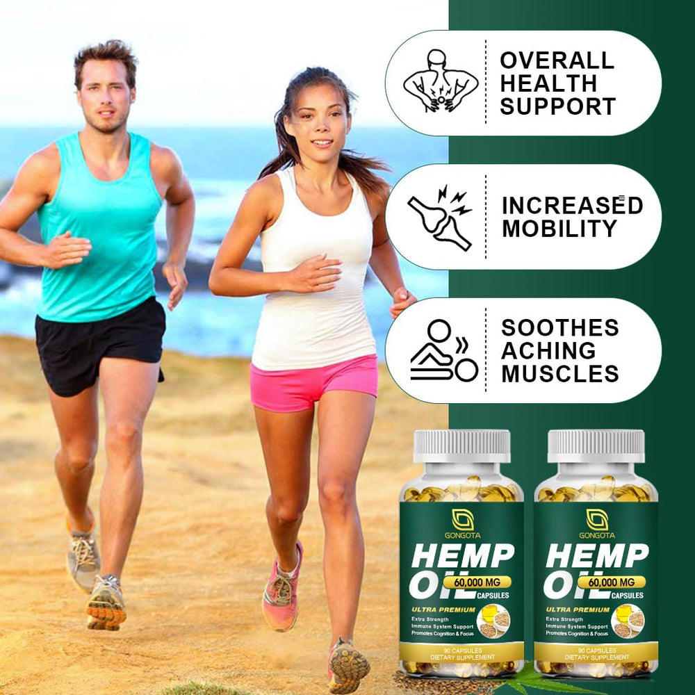 GONGOTA hemp oil capsules bottle with glass of water, easy daily intake.