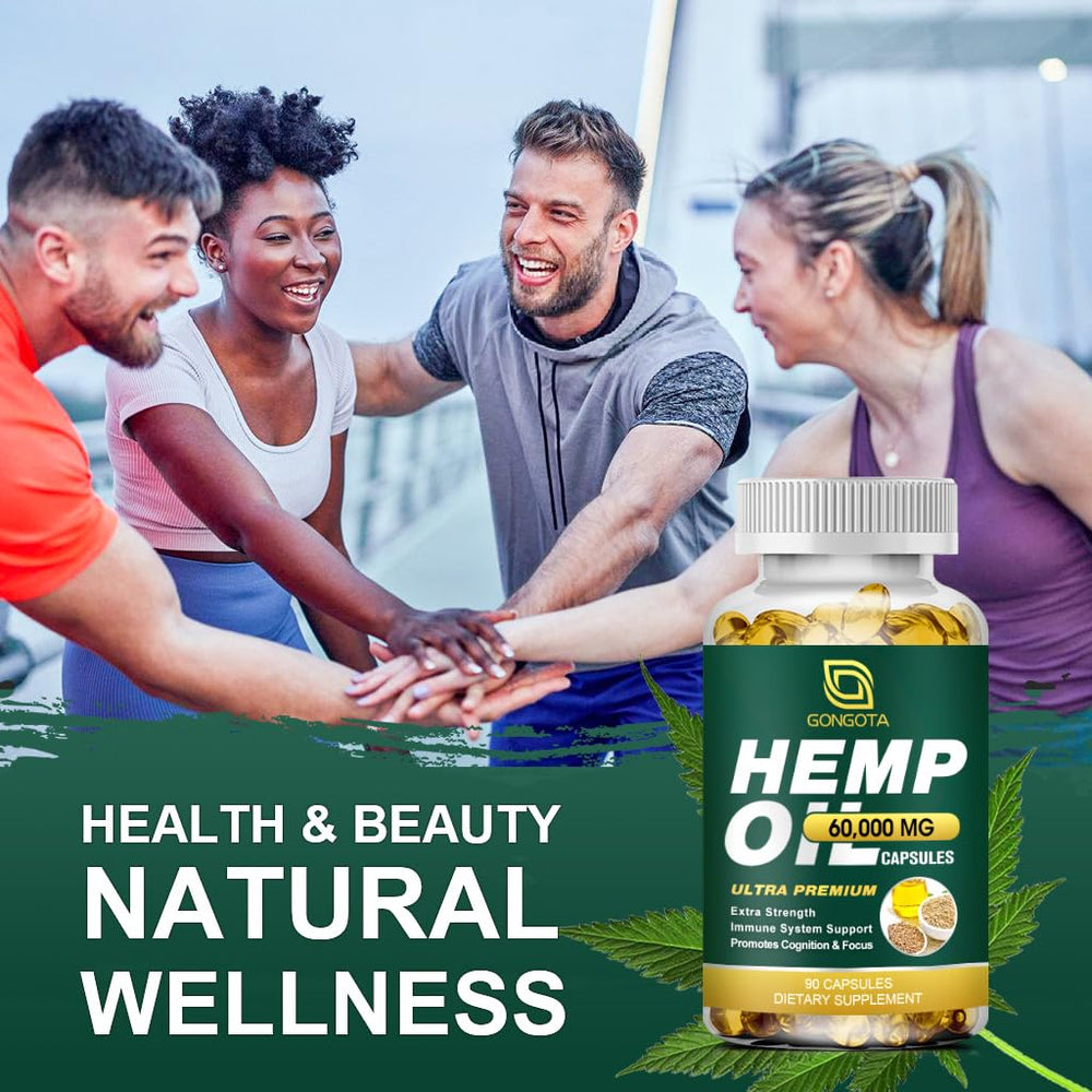 GONGOTA hemp oil capsules next to skincare, hinting at potential skin-support benefits.