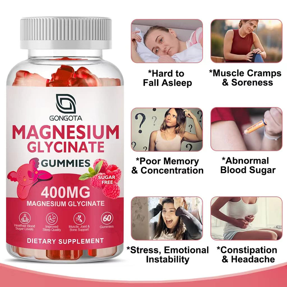 GONGOTA Magnesium Glycinate Gummies ingredient panel shows potassium and calcium balance
