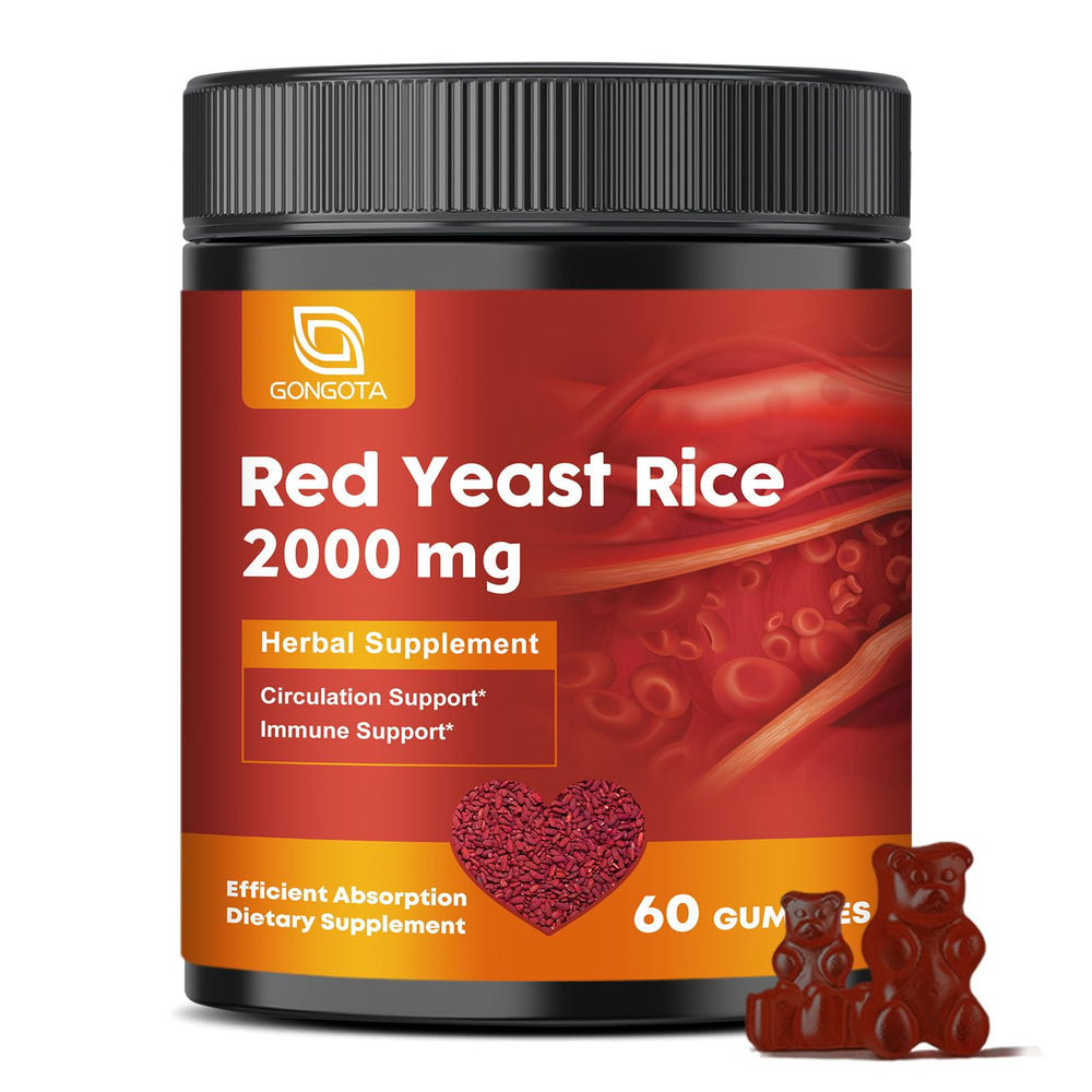 GONGOTA red yeast rice bottle with gummies for cholesterol-friendly support.
