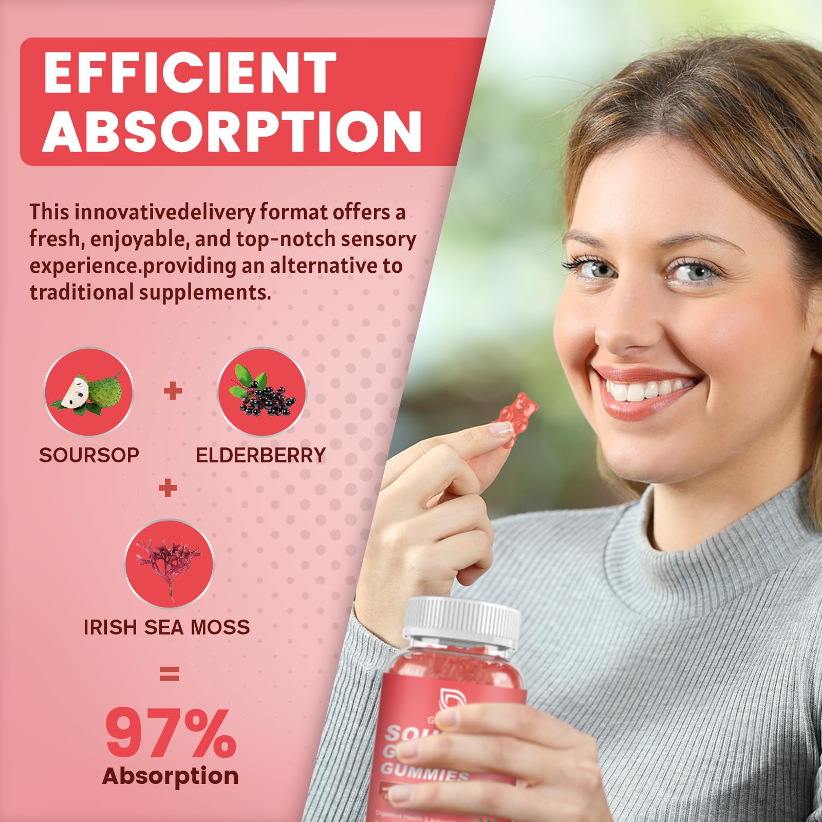GONGOTA Soursop Gummies elderberry-sea-moss visual featuring natural ingredients and color.