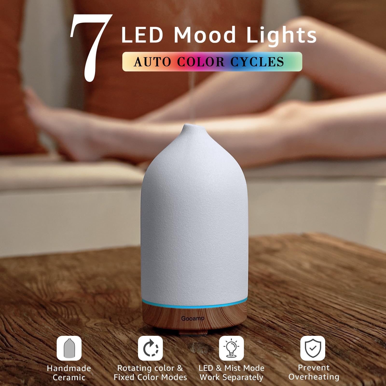 Gooamp ceramic diffuser with wood grain base adds rustic charm to living spaces
