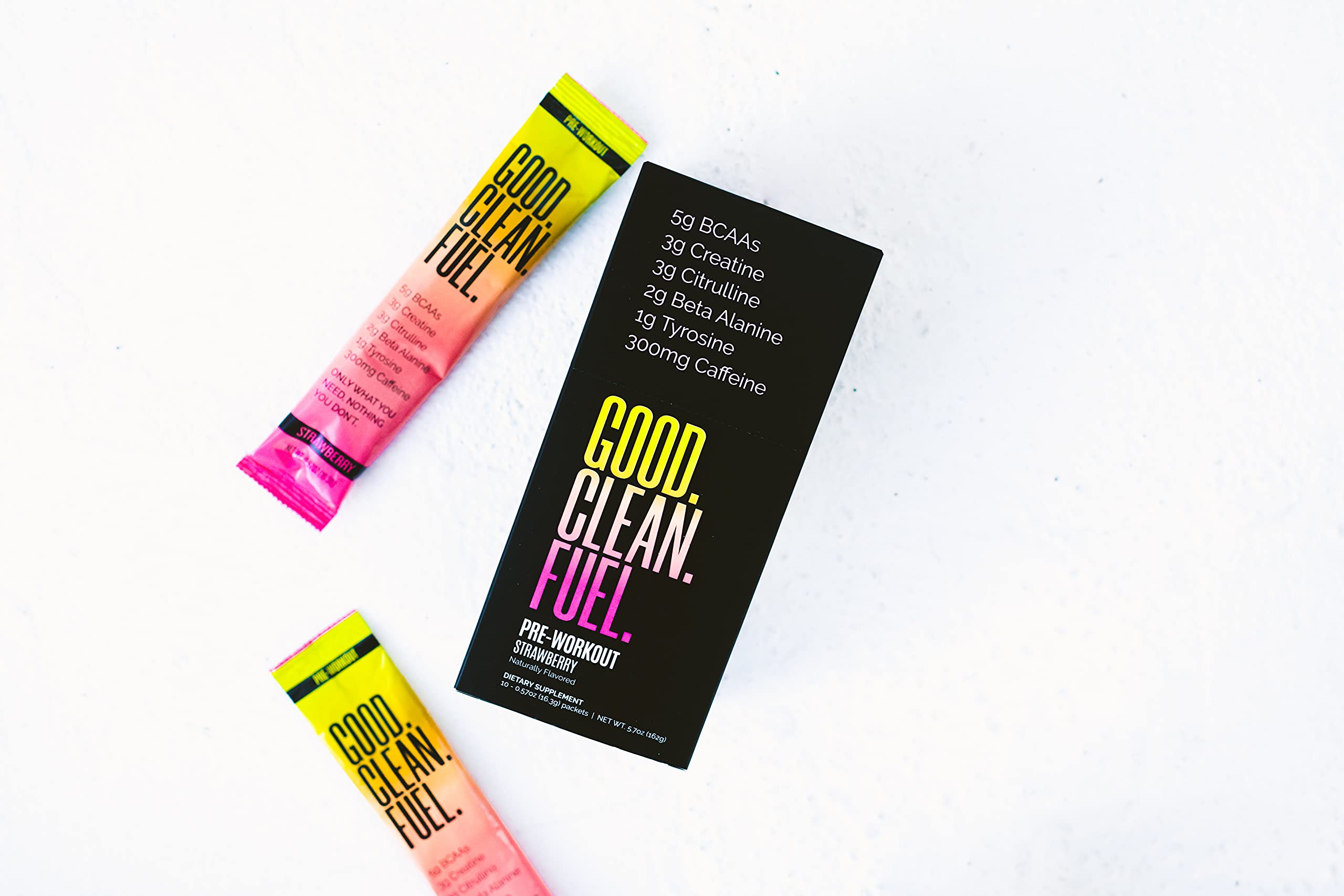 Good Clean Fuel ingredients pack shows BCAAs, creatine, citrulline labels
