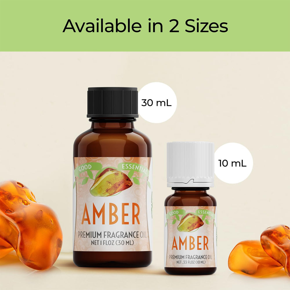 USA-made Good Essential amber fragrance oil bottle on display.