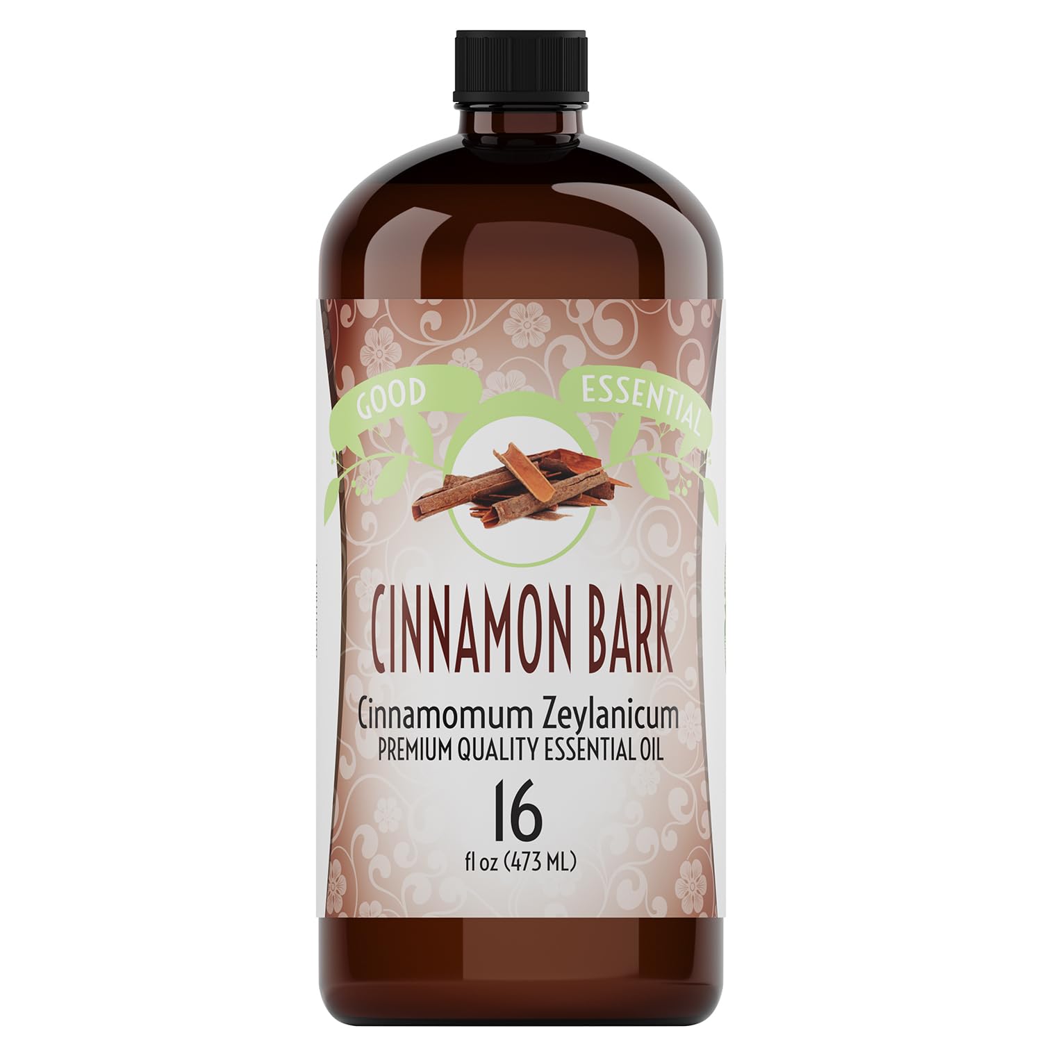 Good Essential Cinnamon Bark Oil bottle front shows warm, inviting fragrance.