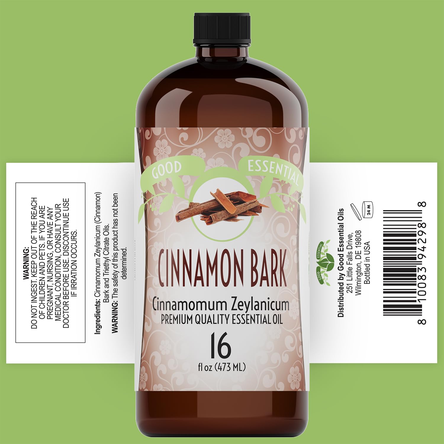 Good Essential Cinnamon Bark Oil closeup on glass bottle highlights spice aroma.