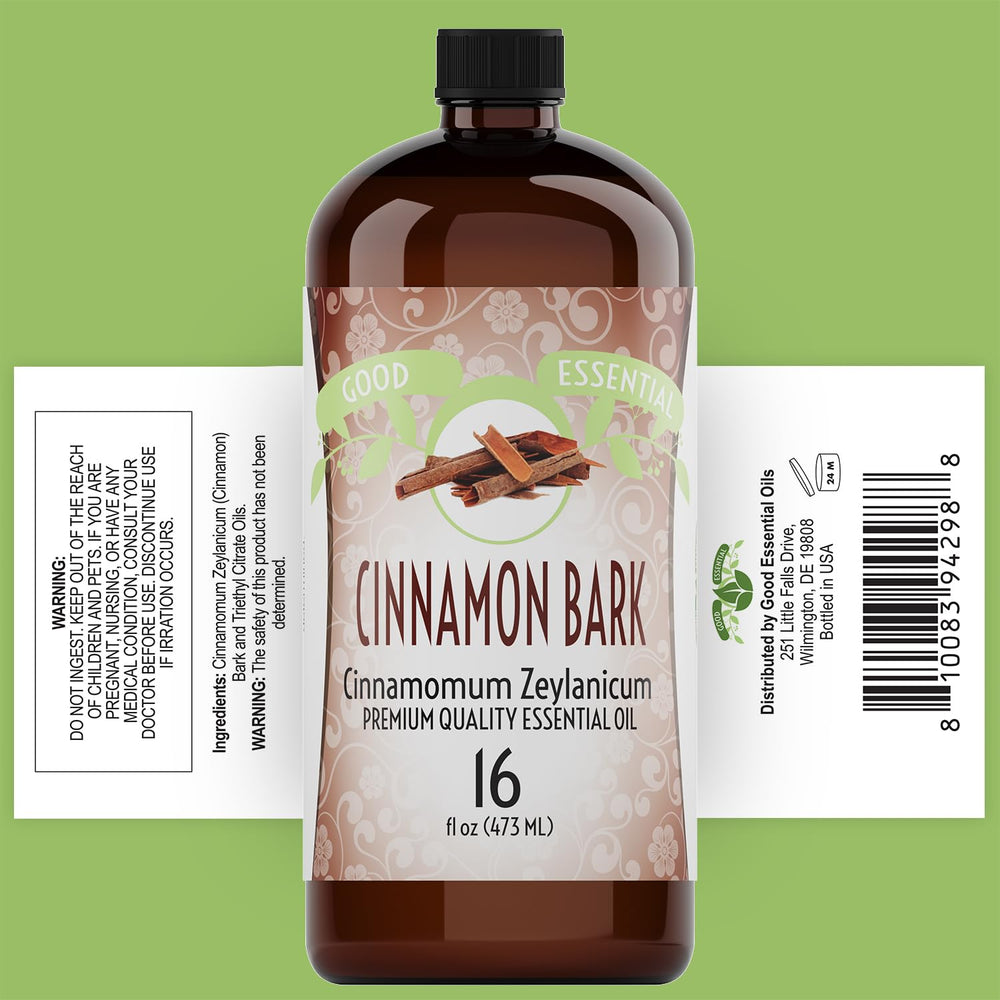 Good Essential Cinnamon Bark Oil closeup on glass bottle highlights spice aroma.
