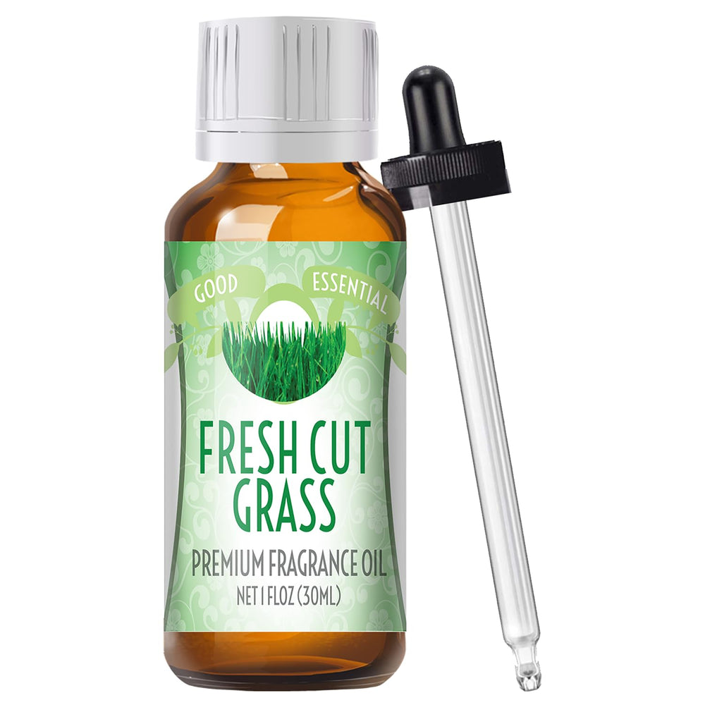 Good Essential Fresh Cut Grass fragrance oil in an amber bottle for diffusers and candles.