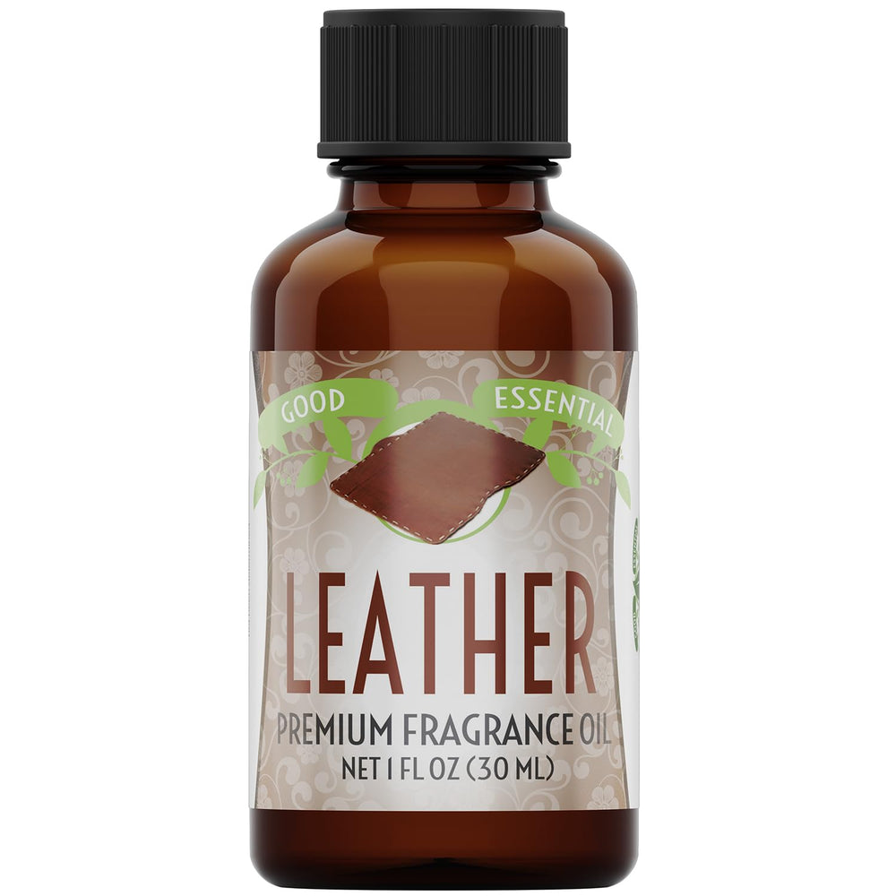 Good Essential Leather Fragrance Oil in diffuser bottle for warm, sophisticated ambiance
