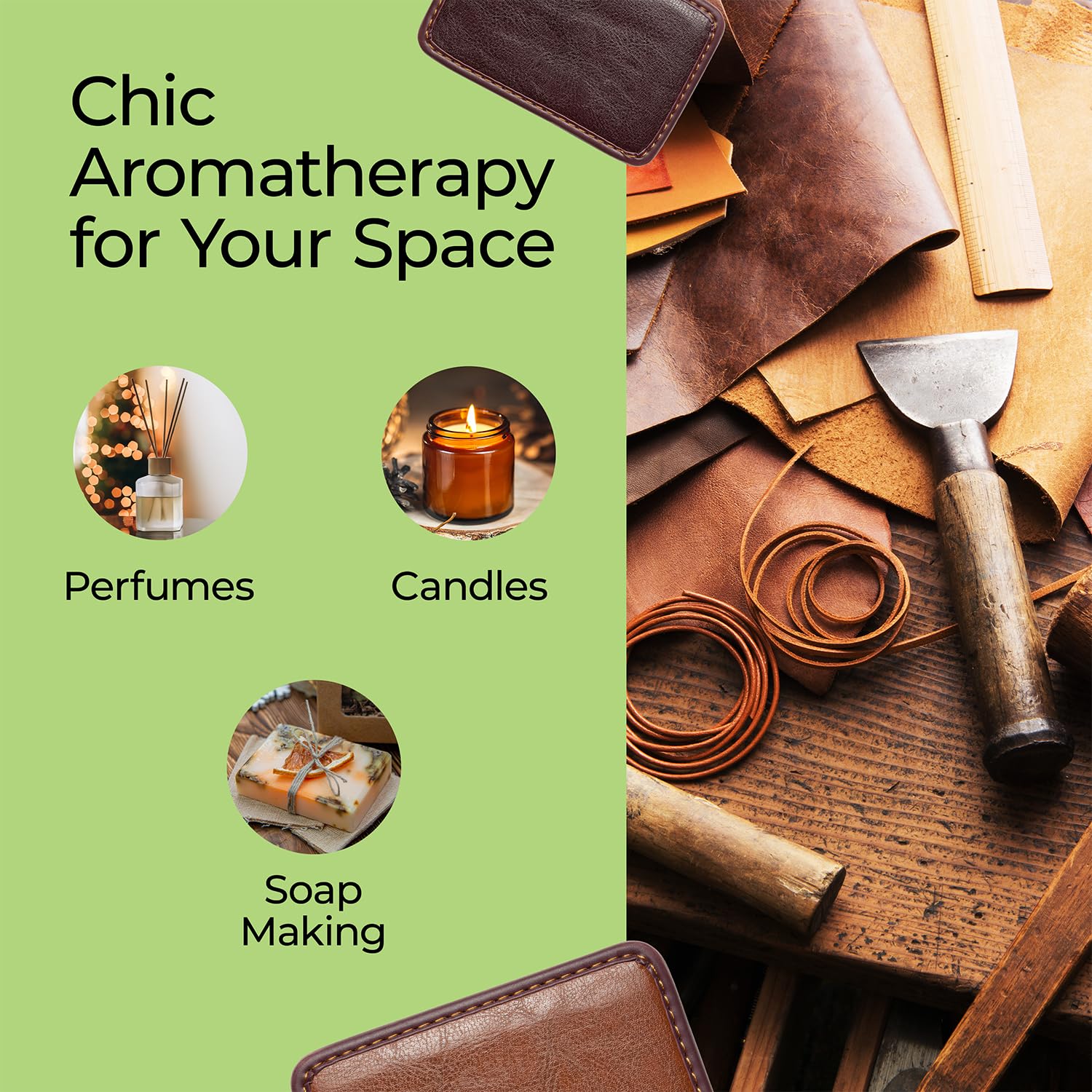 Good Essential leather fragrance oil dropper allows precise blends for soaps.