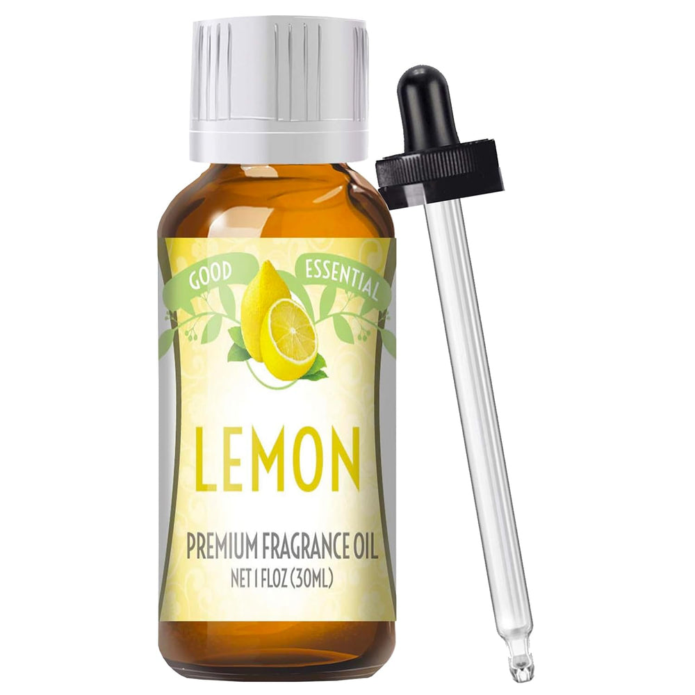 Good Essential Lemon Fragrance Oil bottle pour for diffusers and candles, delivering a bright, long-lasting aroma.