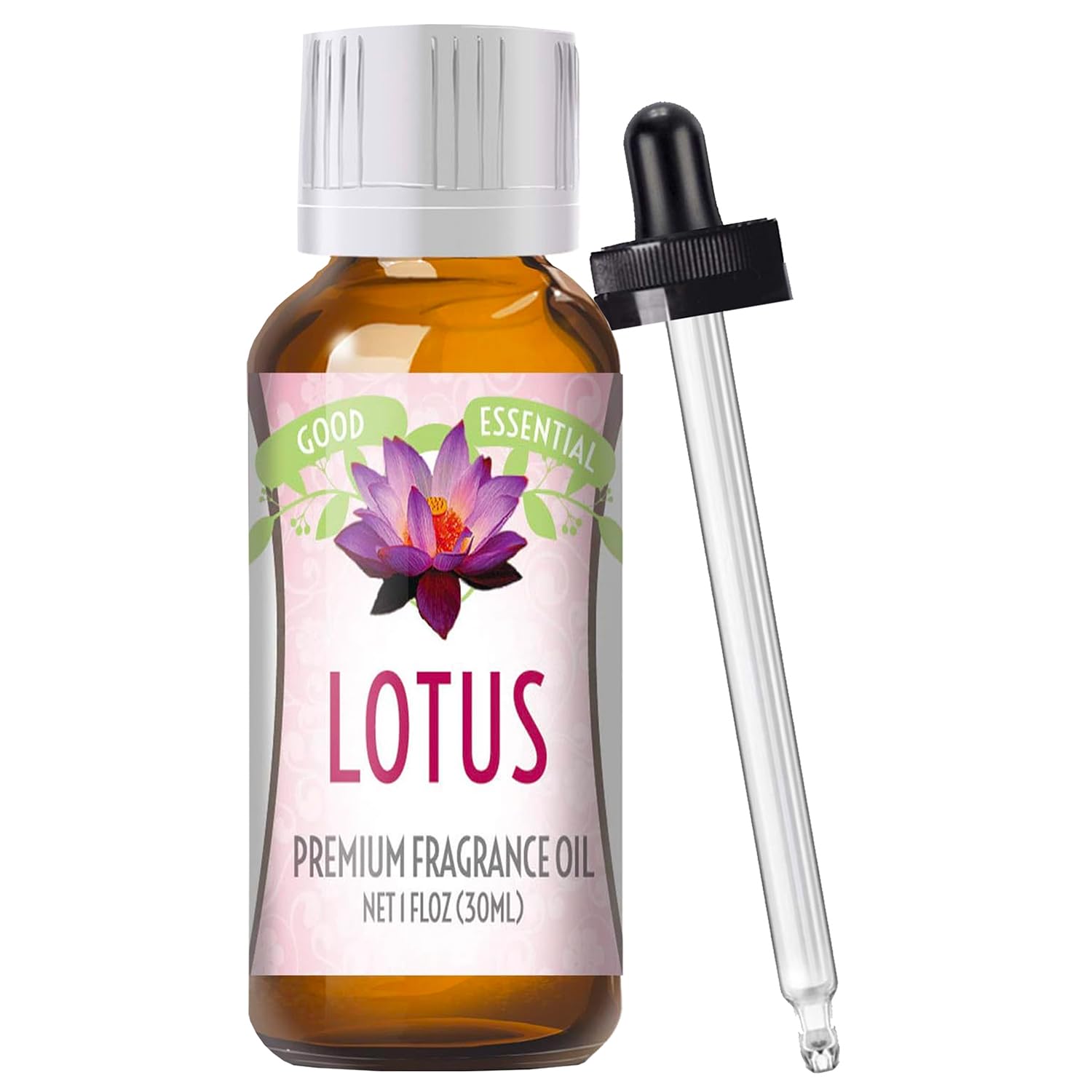 Good Essential Lotus Blossom fragrance oil bottle in amber glass for diffusers and DIY projects.