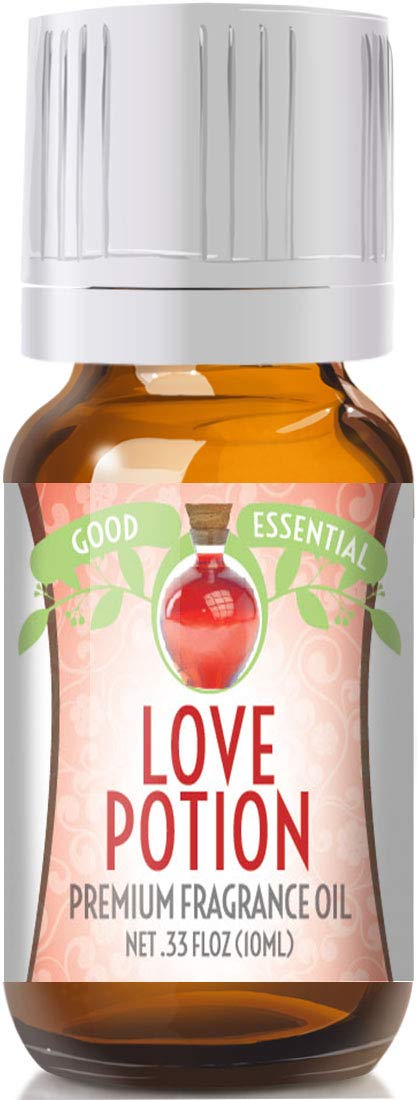 Good Essential Love Potion fragrance oil in amber bottle with eurodropper, ideal for diffusers and homemade products.