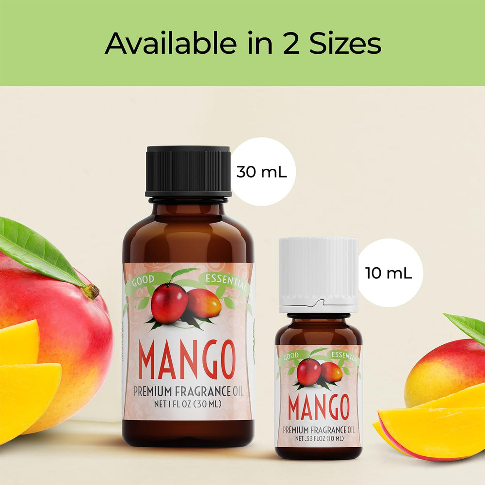 USA-bottled Good Essential Mango Fragrance Oil label indicating quality