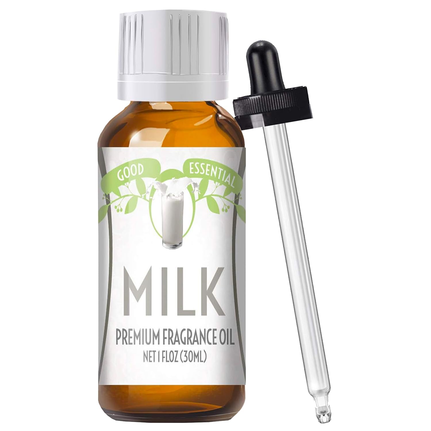 Good Essential milk fragrance oil bottle in amber glass, ideal for diffusers and candles.