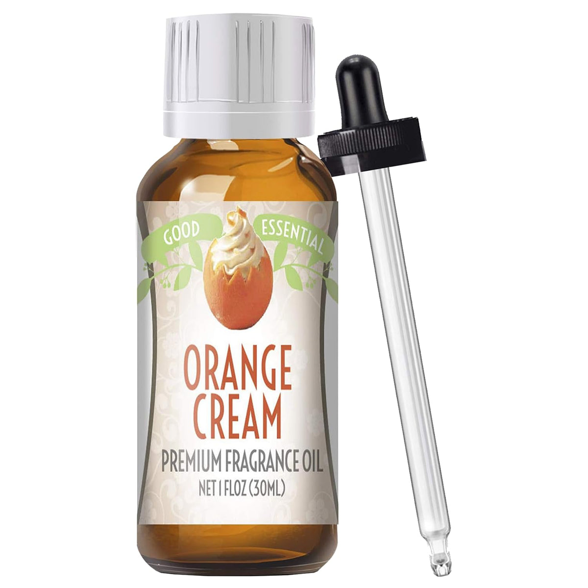 Good Essential Orange Cream Fragrance Oil in amber bottle for diffusers and candles, versatile scent.