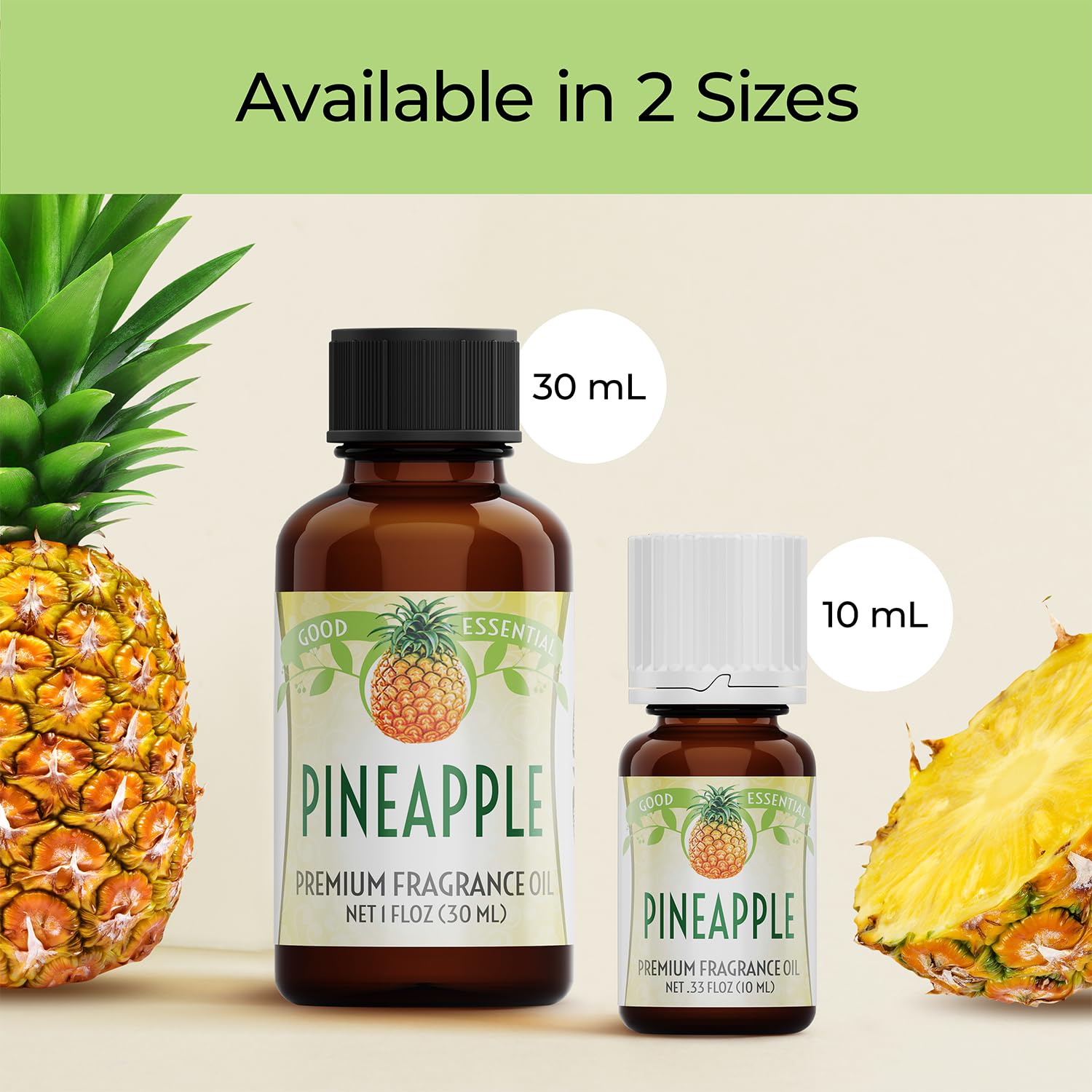 Amber glass bottle of Good Essential Pineapple fragrance oil, bottled in the USA.