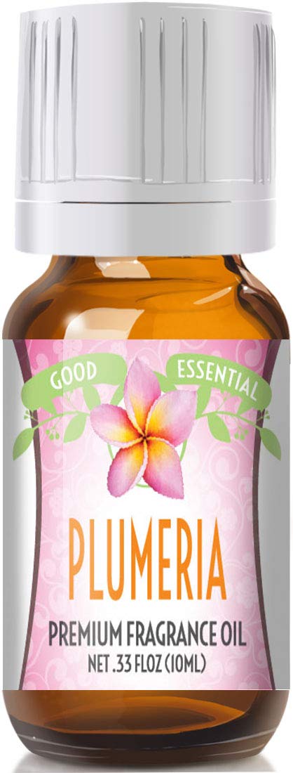 Good Essential Plumeria fragrance oil in amber bottle with eurodropper for diffusers and DIY projects.