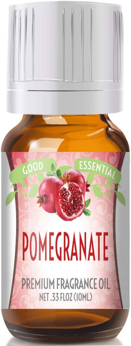 Good Essential pomegranate fragrance oil bottle for diffusers, candles, soaps, and lotions enhances ambiance.