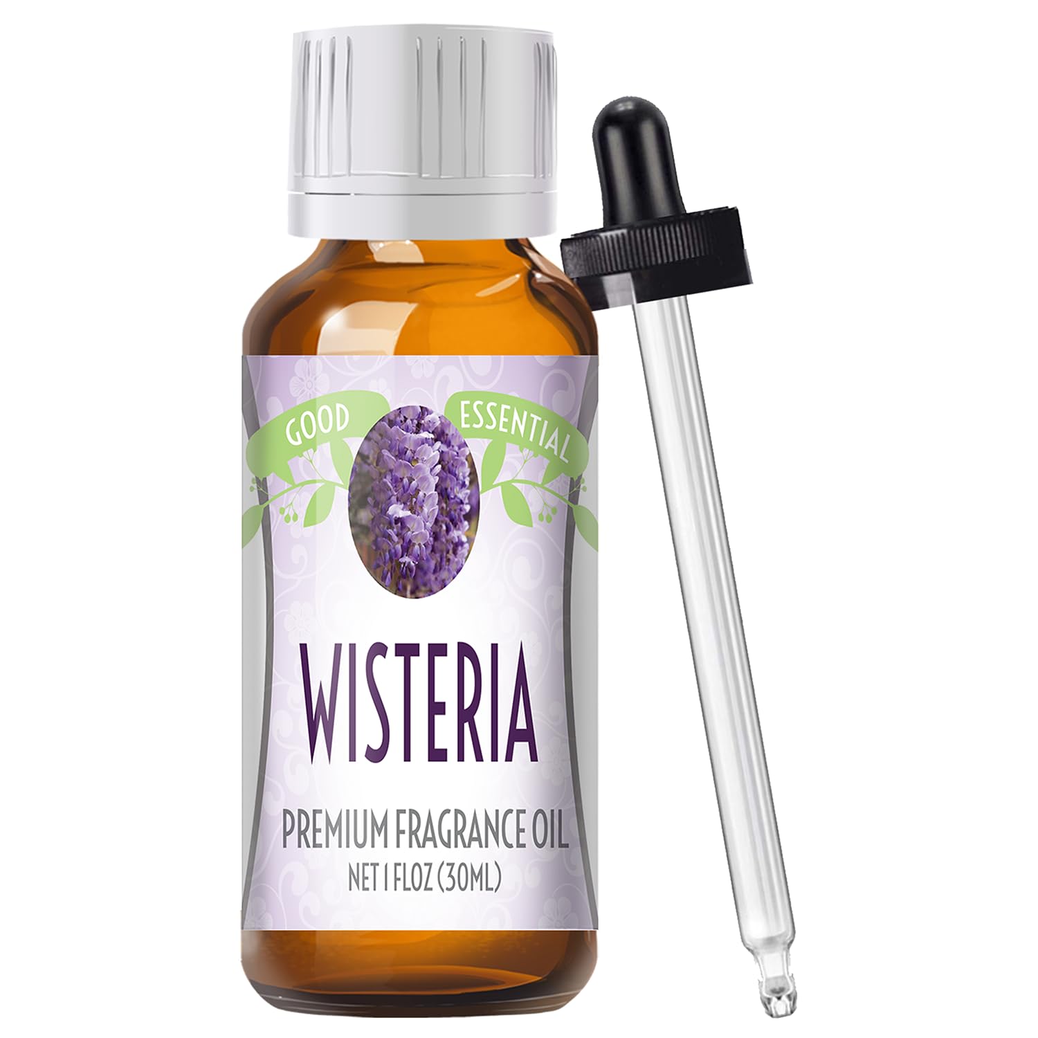 Good Essential Wisteria fragrance oil in amber bottle, ideal for diffusers and candles