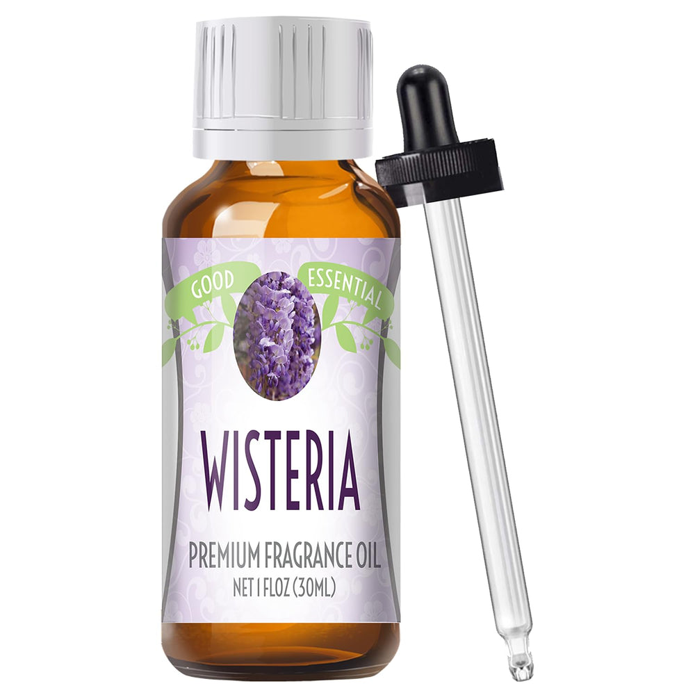 Good Essential Wisteria fragrance oil in amber bottle, ideal for diffusers and candles