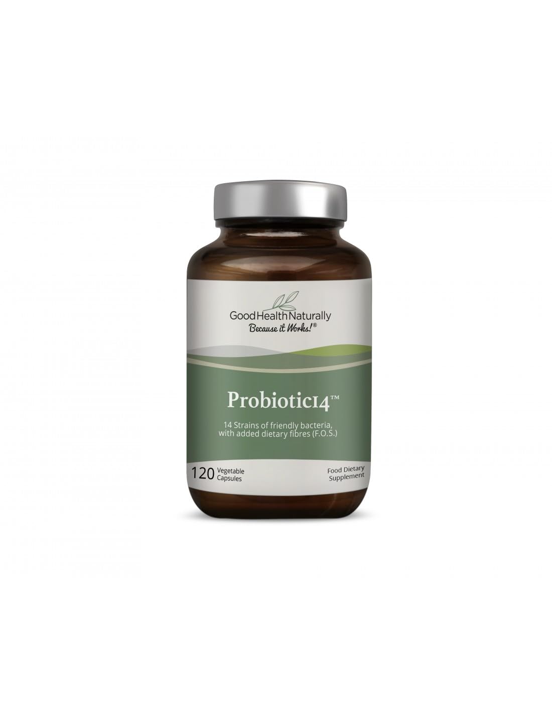 Good Health Naturally Probiotics 14 bottle shows 120 vegetable capsules for daily digestive support.